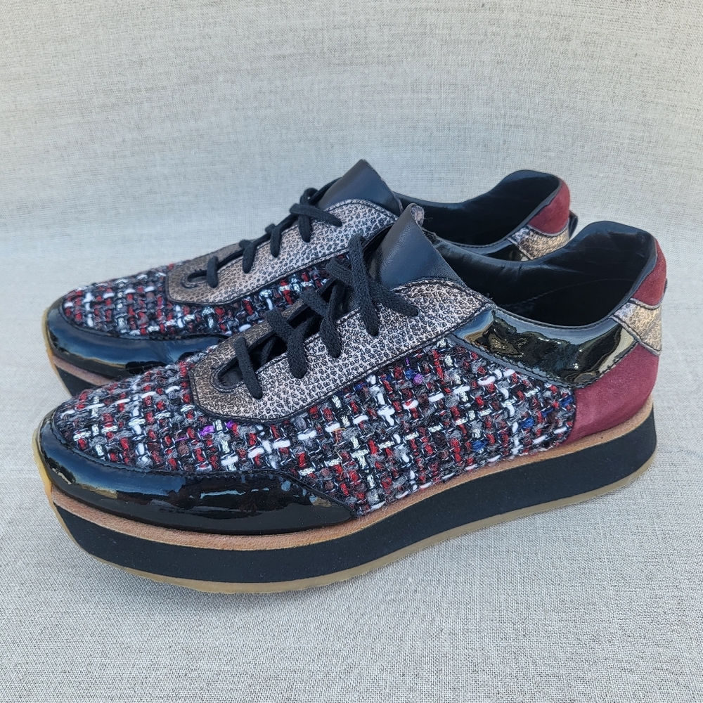 Aquatalia Women's 9.5 Marvin K. Jaelyn Black Leather Woven Tweed Sneakers Shoes